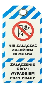 Zawieszka PCV niebieska "Maszyna zablokowana"  75mm x 160mm z metalowym oczkiem