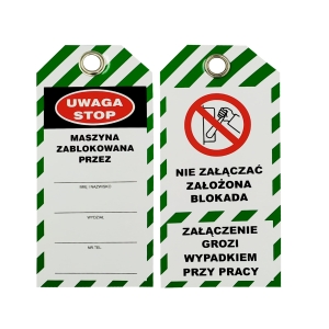 Zawieszka PCV zielona "Maszyna zablokowana"  75mm x 160mm z metalowym oczkiem