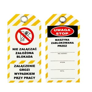 Zawieszka PCV żółta "Maszyna zablokowana"  75mm x 160mm z metalowym oczkiem