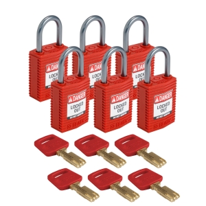 Kłódka SafeKey Nylon Compact Brady - szekla aluminiowa 25 mm różne klucze CZERWONA  zestaw 6 sztuk (152164)