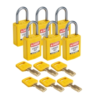 Kłódka SafeKey Nylon Compact Brady - szekla aluminiowa 25 mm różne klucze ŻÓŁTA zestaw 6 sztuk (152165)
