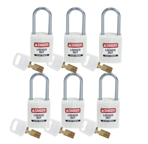 Kłódka SafeKey Nylon Compact Brady - szekla aluminiowa 38 mm różne klucze BIAŁA zestaw 6 sztuk (151672)