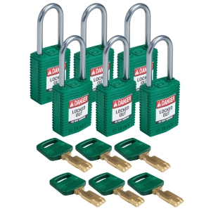 Kłódka SafeKey Nylon Compact Brady - szekla aluminiowa 38 mm różne klucze ZIELONA zestaw 6 sztuk (151666)