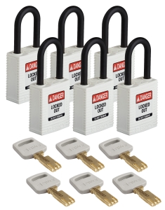 Brady kłódki SafeKey Nylon - szekla z tworzywa sztucznego 38 mm różne klucze zestaw 6 szt (150308)