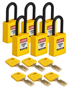 Brady kłódki SafeKey Nylon - szekla z tworzywa sztucznego 38 mm różne klucze zestaw 6 szt (150265)