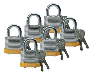 Brady laminowane kłódki stalowe - szekla ze stali hartowanej 20 mm różne klucze zestaw 6 szt  (814089)