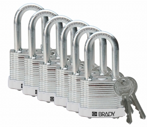 Brady laminowana kłódka stalowa biała - szekla za stali hartowanej 38 mm różne klucze - zestaw 6 szt (814103)