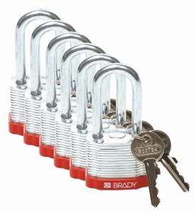 Brady laminowana kłódka stalowa czerwona - szekla za stali hartowanej 38 mm różne klucze - zestaw 6 szt (814097)