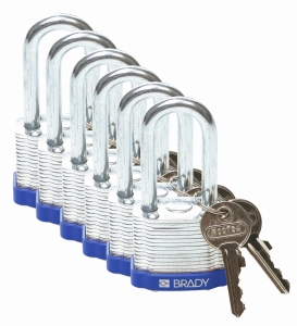 Brady laminowana kłódka stalowa niebieska - szekla za stali hartowanej 38 mm różne klucze - zestaw 6 szt (814095)