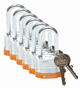 Brady laminowana kłódka stalowa pomarańczowa - szekla za stali hartowanej 38 mm różne klucze - zestaw 6 szt (814100)