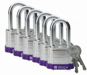 Brady laminowana kłódka stalowa wrzosowa - szekla za stali hartowanej 38 mm różne klucze - zestaw 6 szt (814102)