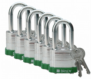 Brady laminowana kłódka stalowa zielona - szekla za stali hartowanej 38 mm różne klucze - zestaw 6 szt (814099)