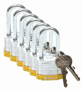 Brady laminowana kłódka stalowa żółta - szekla za stali hartowanej 38 mm różne klucze - zestaw 6 szt (814098)