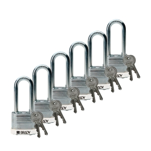 Brady laminowana kłódka stalowa biała - szekla za stali hartowanej 51 mm różne klucze - zestaw 6 szt (814112)