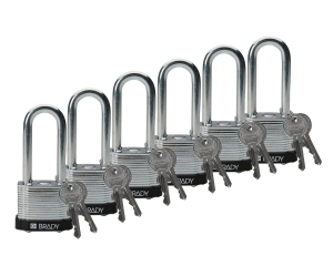 Brady laminowana kłódka stalowa czarna - szekla za stali hartowanej 51 mm różne klucze - zestaw 6 szt (814105)