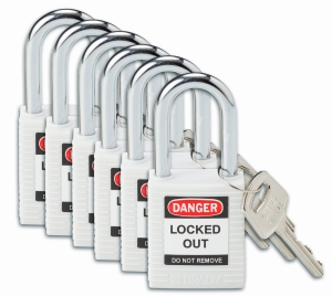 Brady kłódka tradycyjna nylonowa  - szekla ze stali hartowanej 38 mm różne klucze zestaw 6 szt (813638)