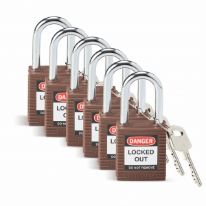 Brady kłódka tradycyjna nylonowa  - szekla ze stali hartowanej 38 mm różne klucze zestaw 6 szt (813636)