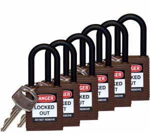 Brady kłódka tradycyjna nylonowa - szekla nylonowa 38 mm różne klucze zestaw 6 szt. (813639)