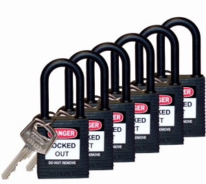 Brady kłódka tradycyjna nylonowa - szekla nylonowa 38 mm różne klucze zestaw 6 szt. (813595)