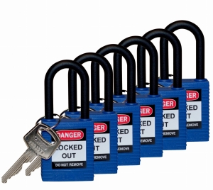 Brady kłódka tradycyjna nylonowa - szekla nylonowa 38 mm różne klucze zestaw 6 szt. (813593)