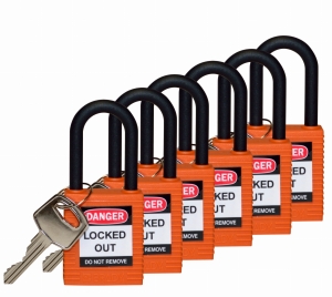 Brady kłódka tradycyjna nylonowa - szekla nylonowa 38 mm różne klucze zestaw 6 szt. (813598)