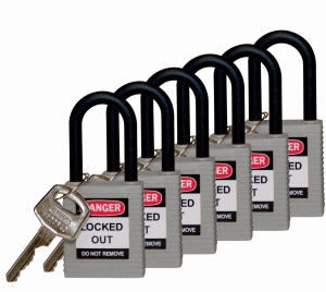 Brady kłódka tradycyjna nylonowa - szekla nylonowa 38 mm różne klucze zestaw 6 szt. (814154)