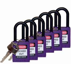 Brady kłódka tradycyjna nylonowa - szekla nylonowa 38 mm różne klucze zestaw 6 szt. (813640)