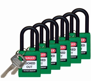 Brady kłódka tradycyjna nylonowa - szekla nylonowa 38 mm różne klucze zestaw 6 szt. (813597)