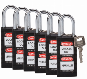 Brady kłódka tradycyjna nylonowa o długim korpusie - szekla ze stali hartowanej 38 mm różne klucze zestaw 6 szt. (834463)