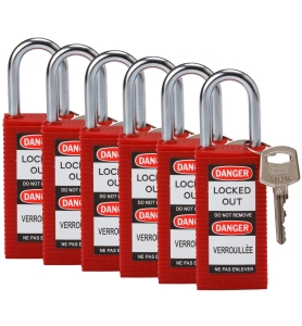 Brady kłódka tradycyjna nylonowa o długim korpusie - szekla ze stali hartowanej 38 mm różne klucze zestaw 6 szt. (834464)