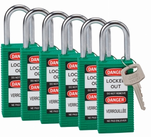 Brady kłódka tradycyjna nylonowa o długim korpusie - szekla ze stali hartowanej 38 mm różne klucze zestaw 6 szt. (834466)