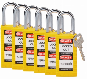 Brady kłódka tradycyjna nylonowa o długim korpusie - szekla ze stali hartowanej 38 mm różne klucze zestaw 6 szt. (834465)