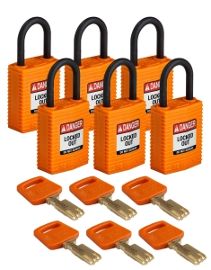 Brady kłódka SafeKey Nylon Compact - szekla polimerowa 25 mm różne klucze zestaw 6 szt. (150212)