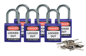 Brady kłódka tradycyjna nylonowa kompaktowa - szekla aluminiowa 25 mm różne klucze zestaw 6 szt. (814121)