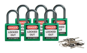 Brady kłódka tradycyjna nylonowa kompaktowa - szekla aluminiowa 25 mm różne klucze zestaw 6 szt. (814118)