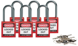 Brady kłódka tradycyjna nylonowa kompaktowa - szekla aluminiowa 38 mm różne klucze zestaw 6 szt. (814126)