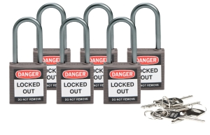 Brady kłódka tradycyjna nylonowa kompaktowa - szekla aluminiowa 38 mm różne klucze zestaw 6 szt. (814133)