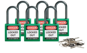 Brady kłódka tradycyjna nylonowa kompaktowa - szekla aluminiowa 38 mm różne klucze zestaw 6 szt. (814128)