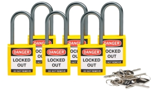 Brady kłódka tradycyjna nylonowa kompaktowa - szekla aluminiowa 38 mm różne klucze zestaw 6 szt. (814127)