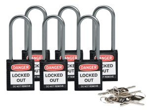 Brady kłódka tradycyjna nylonowa kompaktowa - szekla aluminiowa 50 mm różne klucze zestaw 6 szt. (814135)