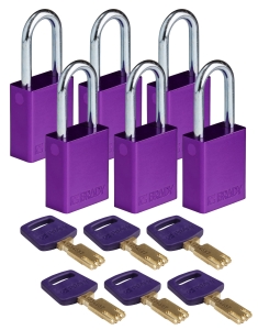 Brady kłódka SafeKey aluminium - szekla stalowa 38 mm różne klucze zestaw 6 szt. (150347)