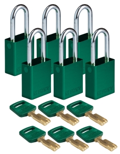 Brady kłódka SafeKey aluminium - szekla stalowa 38 mm różne klucze zestaw 6 szt. (150256)