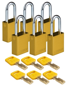 Brady kłódka SafeKey aluminium - szekla stalowa 38 mm różne klucze zestaw 6 szt. (150219)