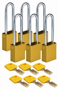 Brady kłódka SafeKey aluminium - szekla stalowa 76 mm różne klucze zestaw 6 szt. (150345)